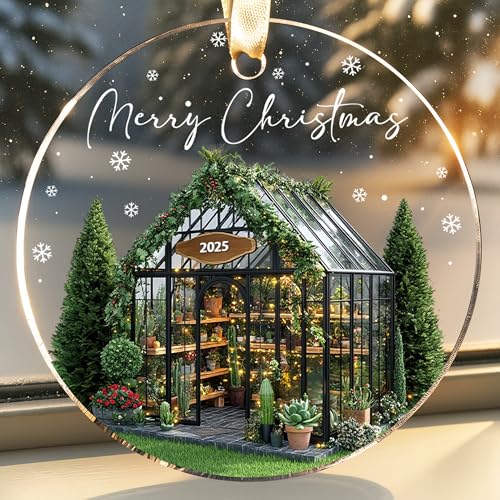 Decorative Christmas ornament with a greenhouse scene and 'Merry Christmas' text.