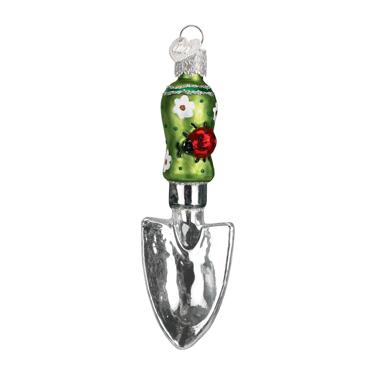 Gardening shovel christmas ornament with green handle featuring a ladybug and flowers, on a white background
